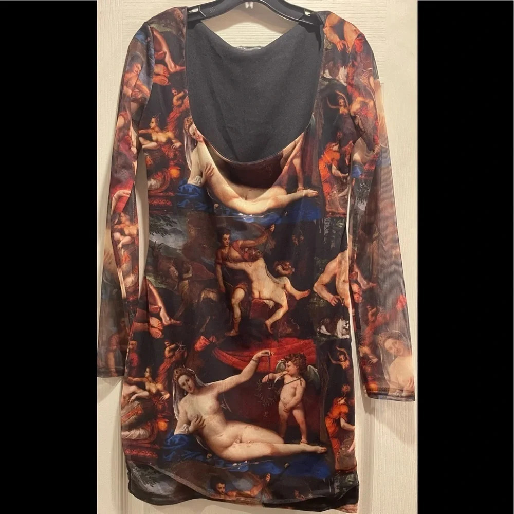 Plt Shape Multi Renaissance Print Mesh Square Neck Bodycon Dress, Size 10, NWOT - Picture 7 of 11